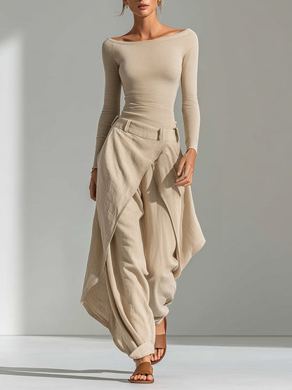 Éveline™ | Ensemble Haut Beige Col Bateau et Pantalon Large à Volants
