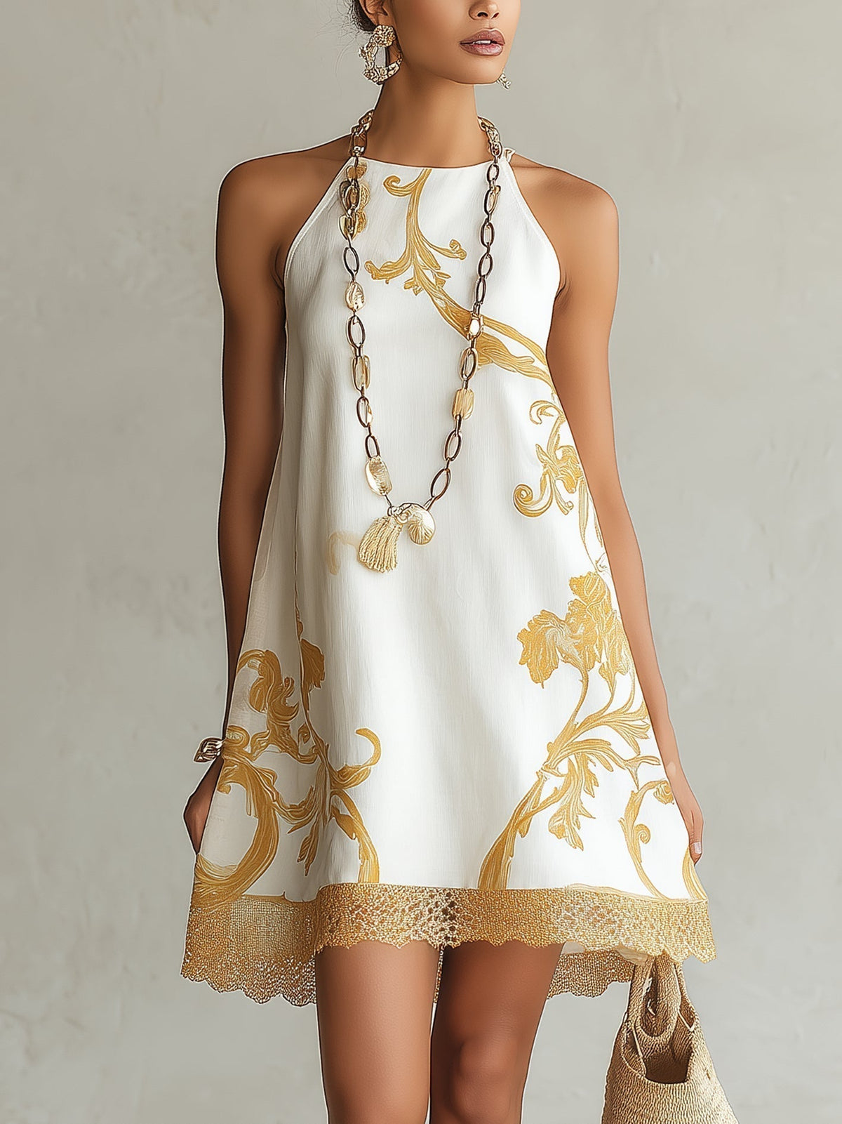 Héloïse™ | Robe Mini en Dentelle Blanche à Motifs Dorés