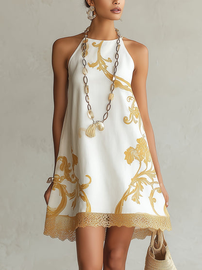 Héloïse™ | Robe Mini en Dentelle Blanche à Motifs Dorés