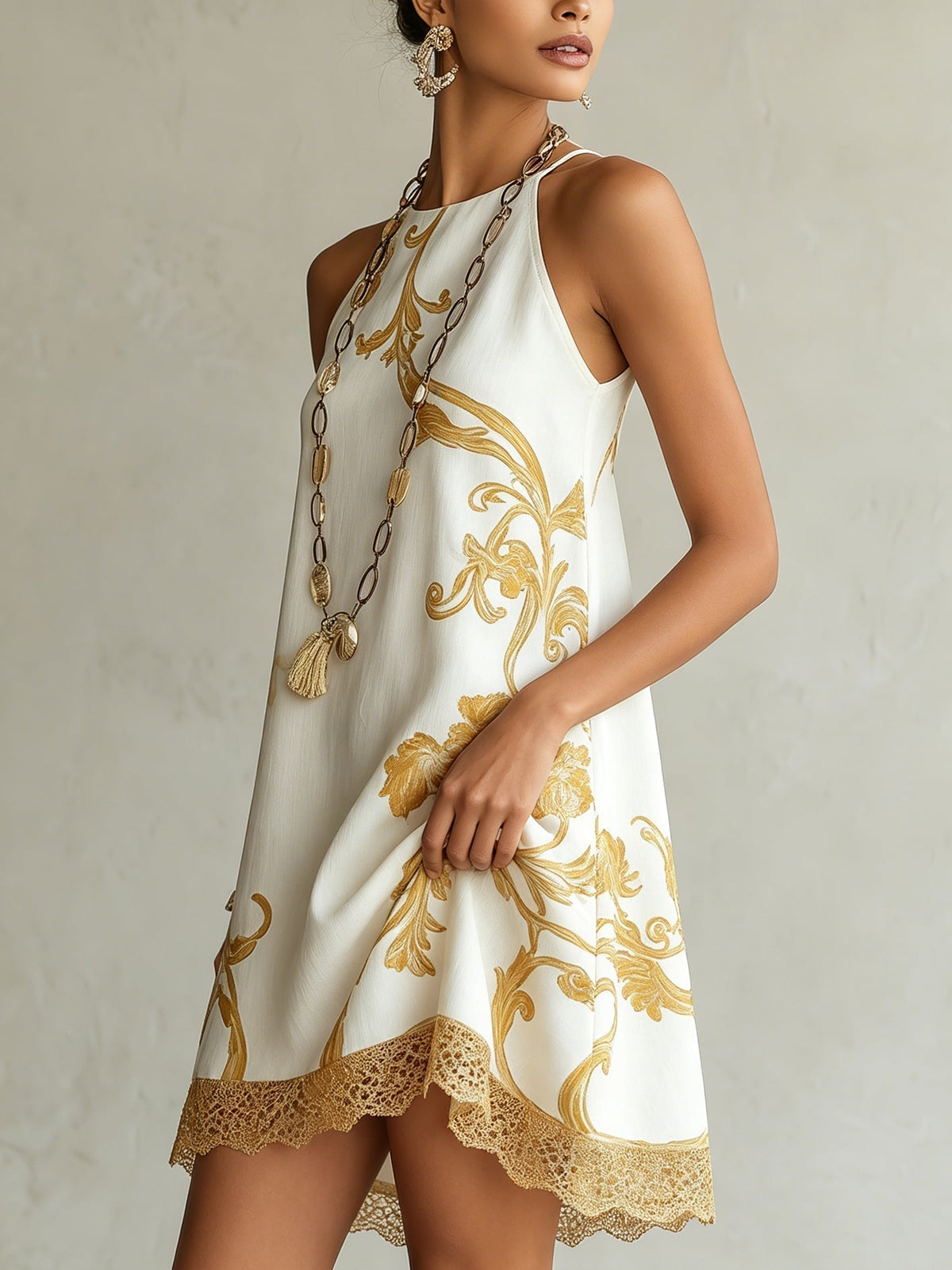 Héloïse™ | Robe Mini en Dentelle Blanche à Motifs Dorés