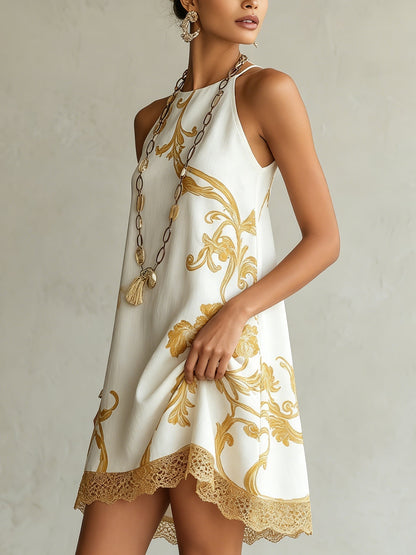Héloïse™ | Robe Mini en Dentelle Blanche à Motifs Dorés