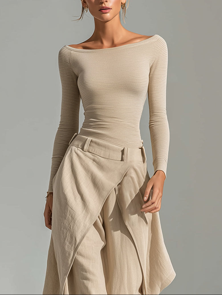 Éveline™ | Ensemble Haut Beige Col Bateau et Pantalon Large à Volants