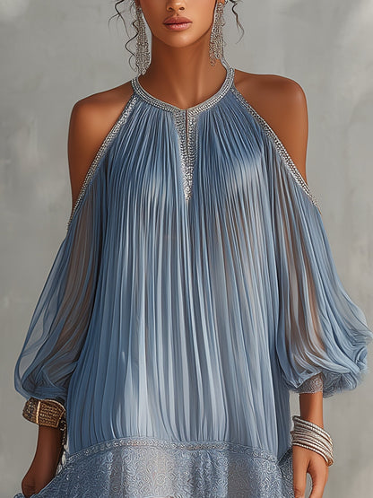 Céleste™ | Mini Robe Bleue Épaules Dénudées Froncée à Ourlet en Dentelle