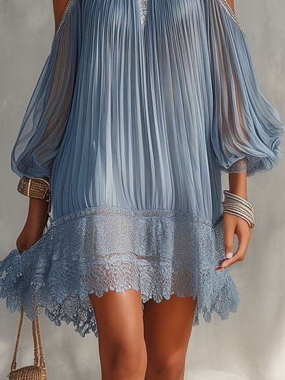 Céleste™ | Mini Robe Bleue Épaules Dénudées Froncée à Ourlet en Dentelle