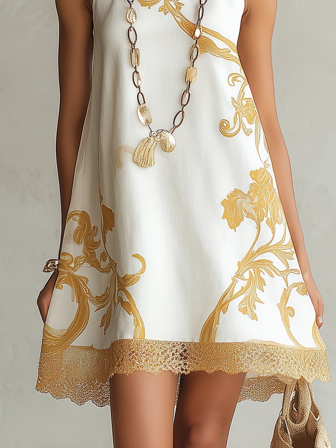 Héloïse™ | Robe Mini en Dentelle Blanche à Motifs Dorés