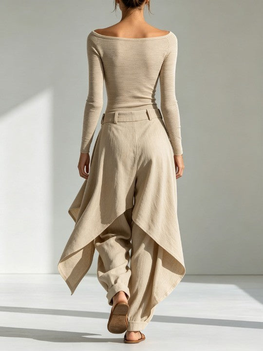 Éveline™ | Ensemble Haut Beige Col Bateau et Pantalon Large à Volants