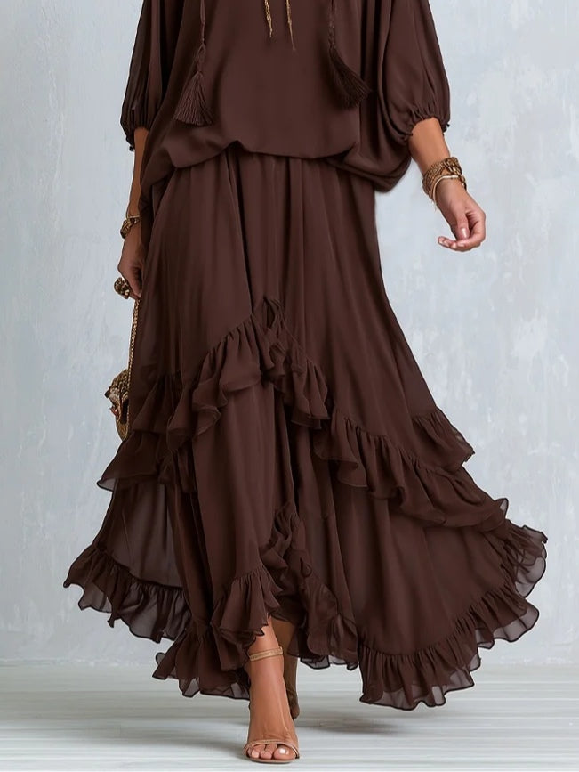 Ondine™ | Ensemble Haut Chiffon Marron à Franges et Jupe Volantée