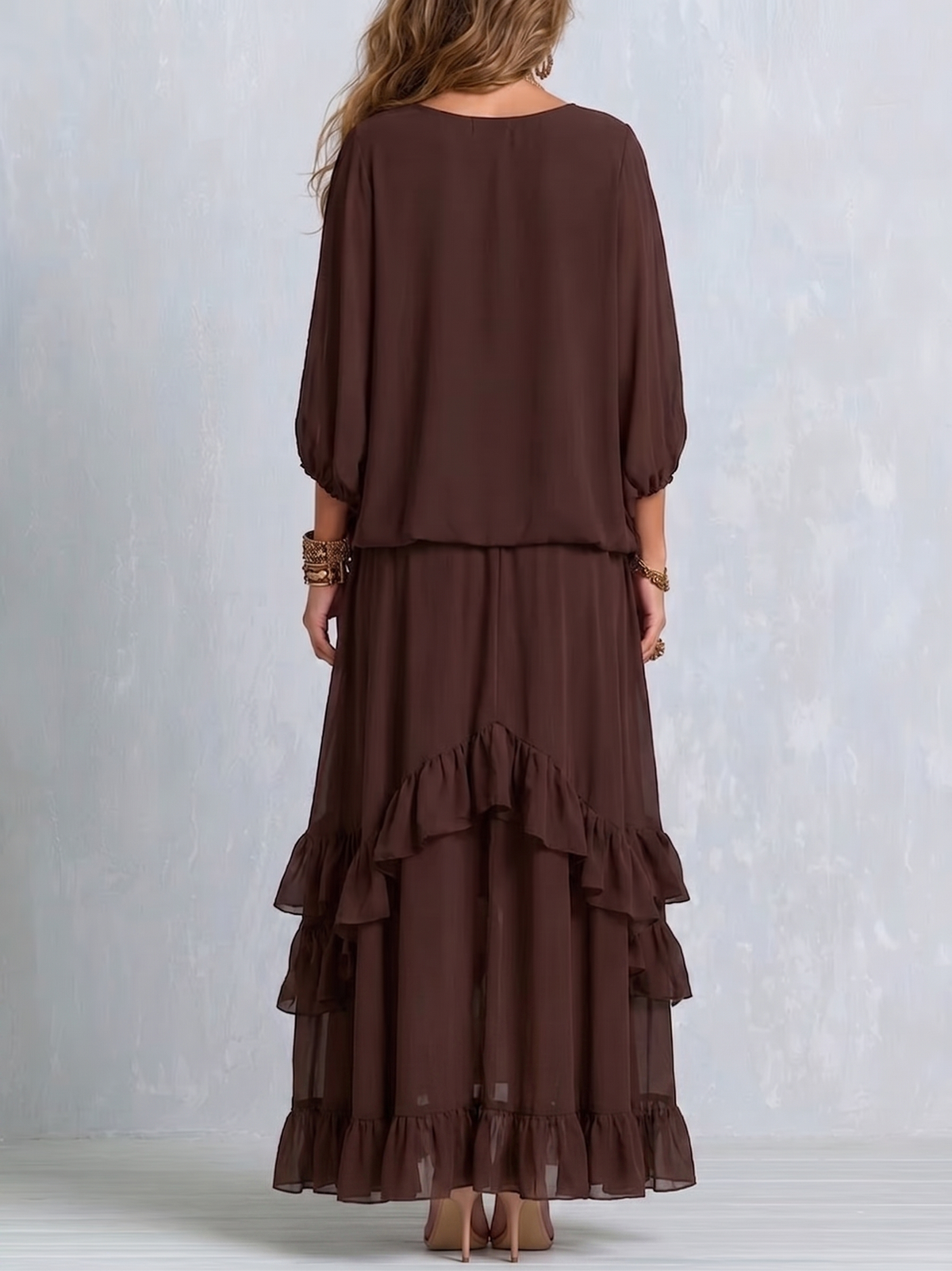 Ondine™ | Ensemble Haut Chiffon Marron à Franges et Jupe Volantée