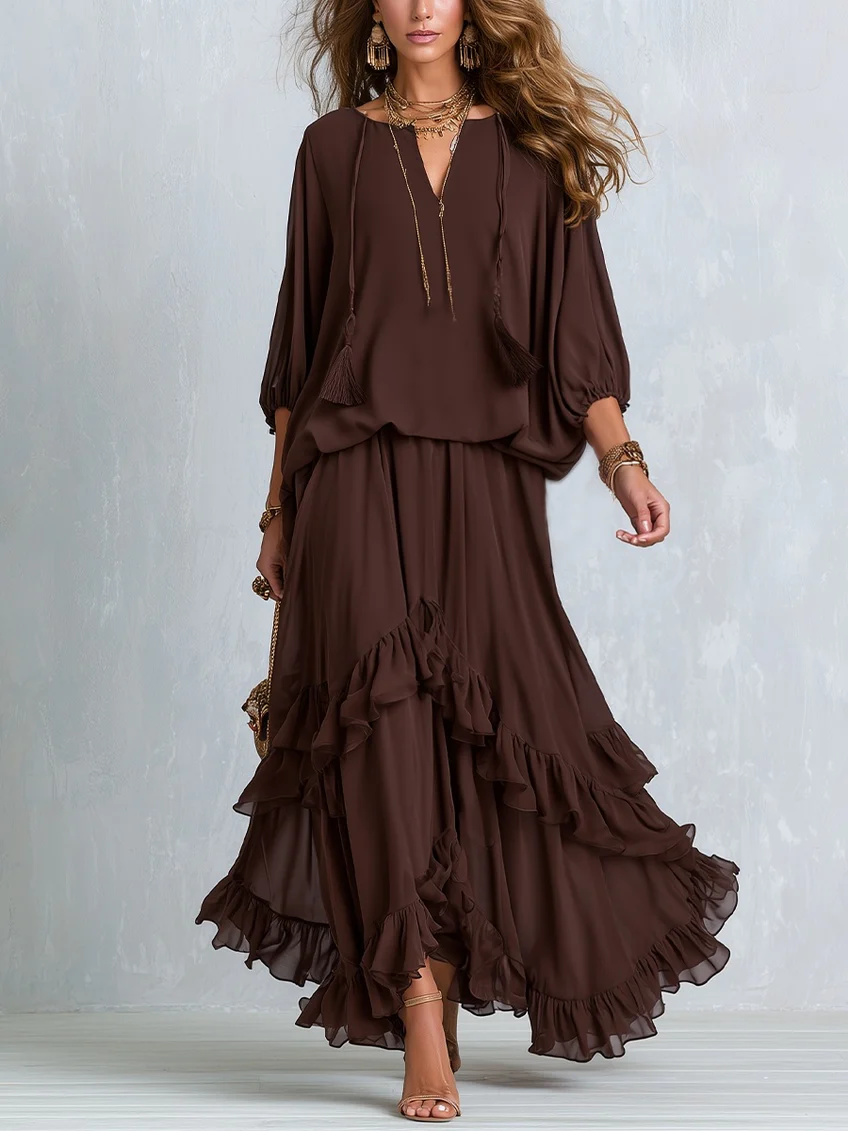 Ondine™ | Ensemble Haut Chiffon Marron à Franges et Jupe Volantée