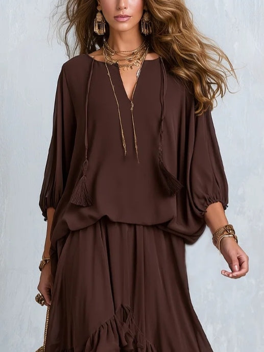 Ondine™ | Ensemble Haut Chiffon Marron à Franges et Jupe Volantée