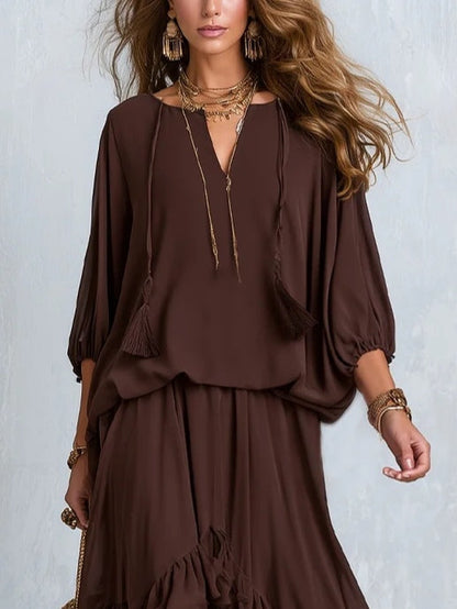 Ondine™ | Ensemble Haut Chiffon Marron à Franges et Jupe Volantée