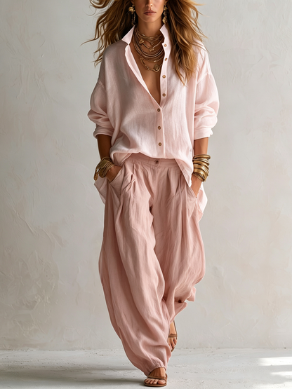 Capucine™ | Chemise Blanche Ample et Pantalon Lantern Vert Olive