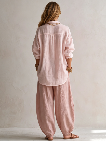 Capucine™ | Chemise Blanche Ample et Pantalon Lantern Vert Olive