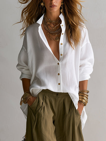 Capucine™ | Chemise Blanche Ample et Pantalon Lantern Vert Olive