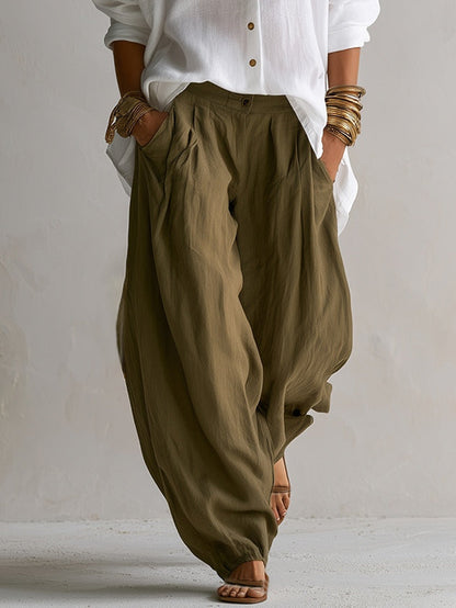 Capucine™ | Chemise Blanche Ample et Pantalon Lantern Vert Olive