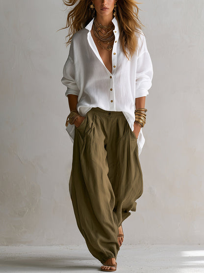 Capucine™ | Chemise Blanche Ample et Pantalon Lantern Vert Olive