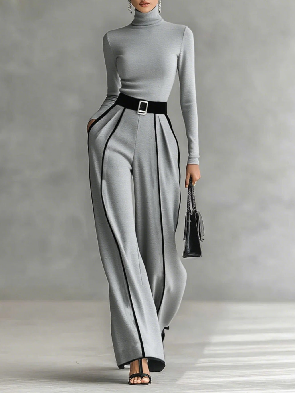 Adèle™ | Ensemble Col Haut à Liserés Blancs et Pantalon Large