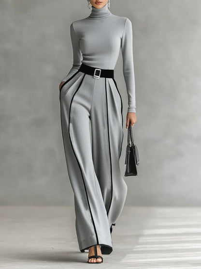 Adèle™ | Ensemble Col Haut à Liserés Blancs et Pantalon Large