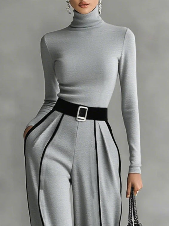 Adèle™ | Ensemble Col Haut à Liserés Blancs et Pantalon Large