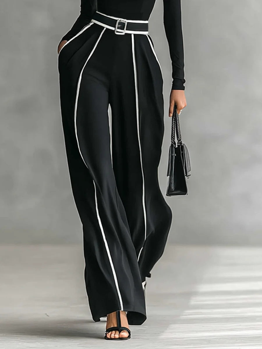 Adèle™ | Ensemble Col Haut à Liserés Blancs et Pantalon Large