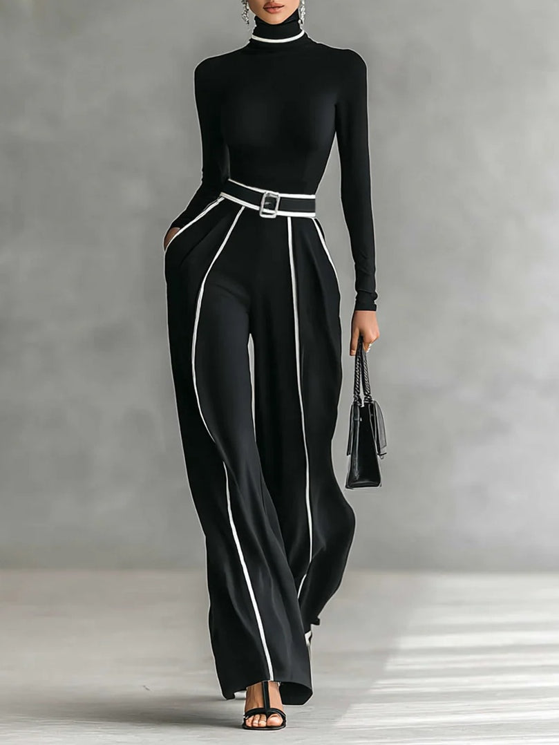 Adèle™ | Ensemble Col Haut à Liserés Blancs et Pantalon Large