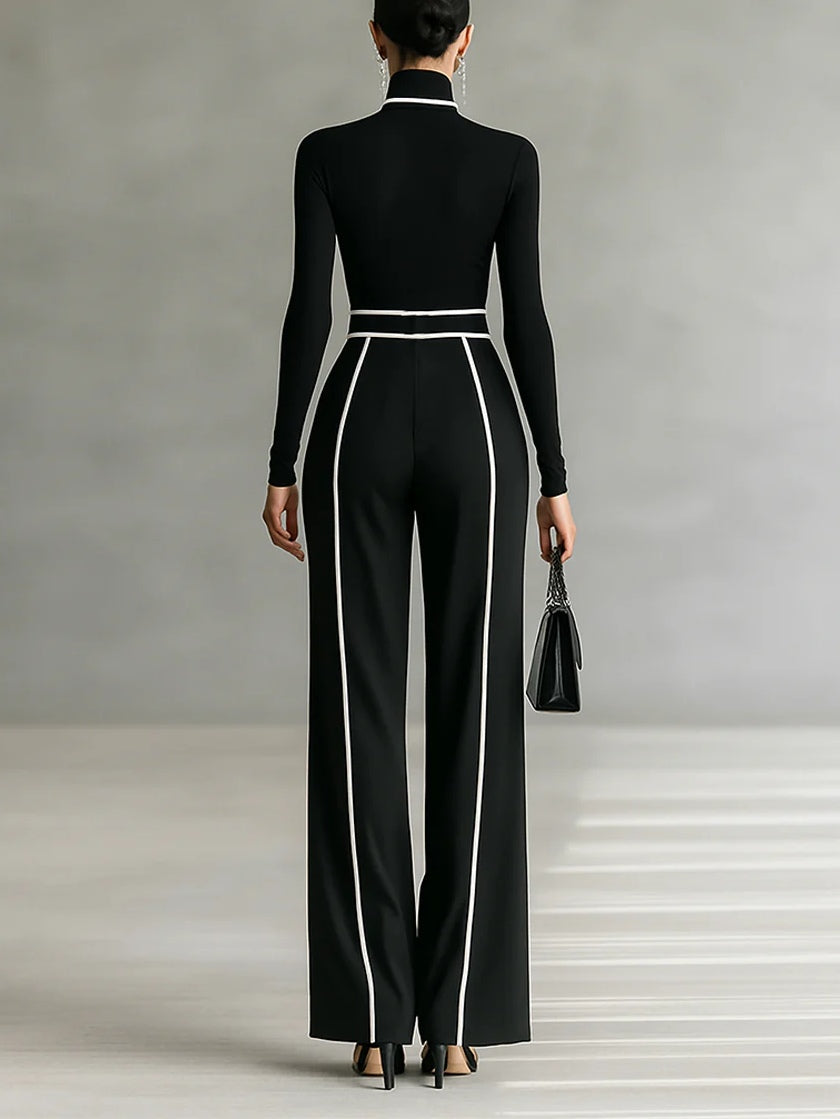 Adèle™ | Ensemble Col Haut à Liserés Blancs et Pantalon Large