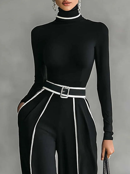 Adèle™ | Ensemble Col Haut à Liserés Blancs et Pantalon Large