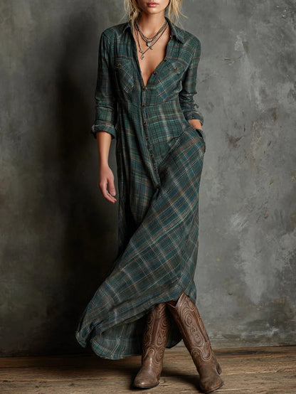 Margaux | Robe Chemise Longue à Col Vichy Vert