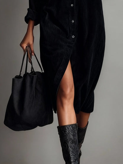 Béatrice™ | Robe Midi en Velours Côtelé à Poches et Boutonnage Simple