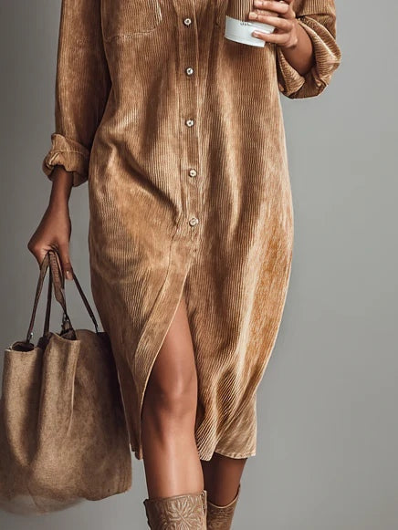 Béatrice™ | Robe Midi en Velours Côtelé à Poches et Boutonnage Simple