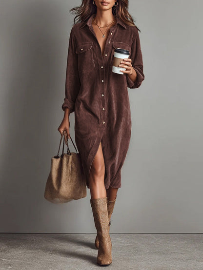 Béatrice™ | Robe Midi en Velours Côtelé à Poches et Boutonnage Simple