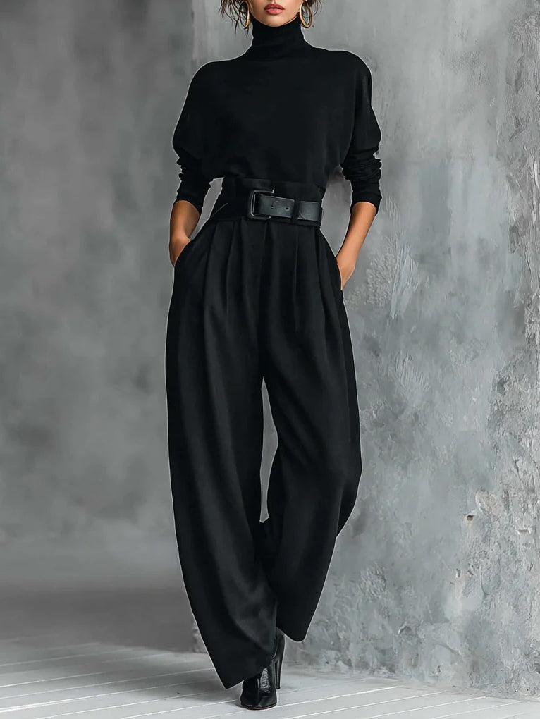 Noëlla™ | Ensemble Haut Col Roulé Noir et Pantalon Droit
