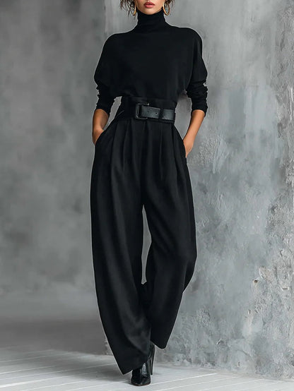 Noëlla™ | Ensemble Haut Col Roulé Noir et Pantalon Droit
