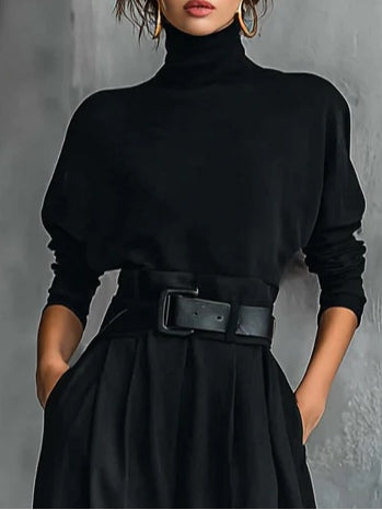 Noëlla™ | Ensemble Haut Col Roulé Noir et Pantalon Droit