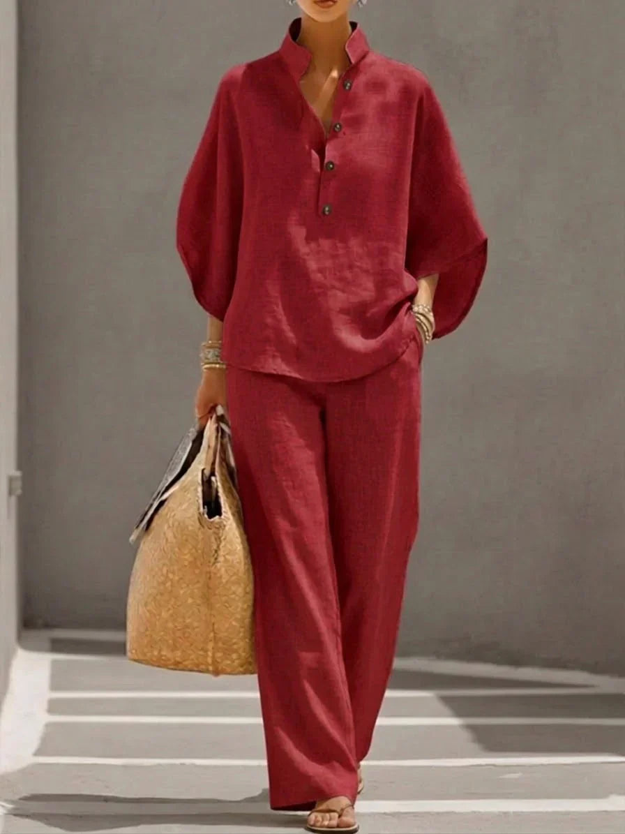 Amandine™ | Ensemble en lin avec manches chauve-souris et pantalon large
