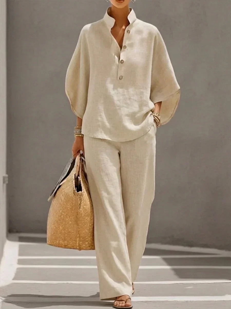 Amandine™ | Ensemble en lin avec manches chauve-souris et pantalon large